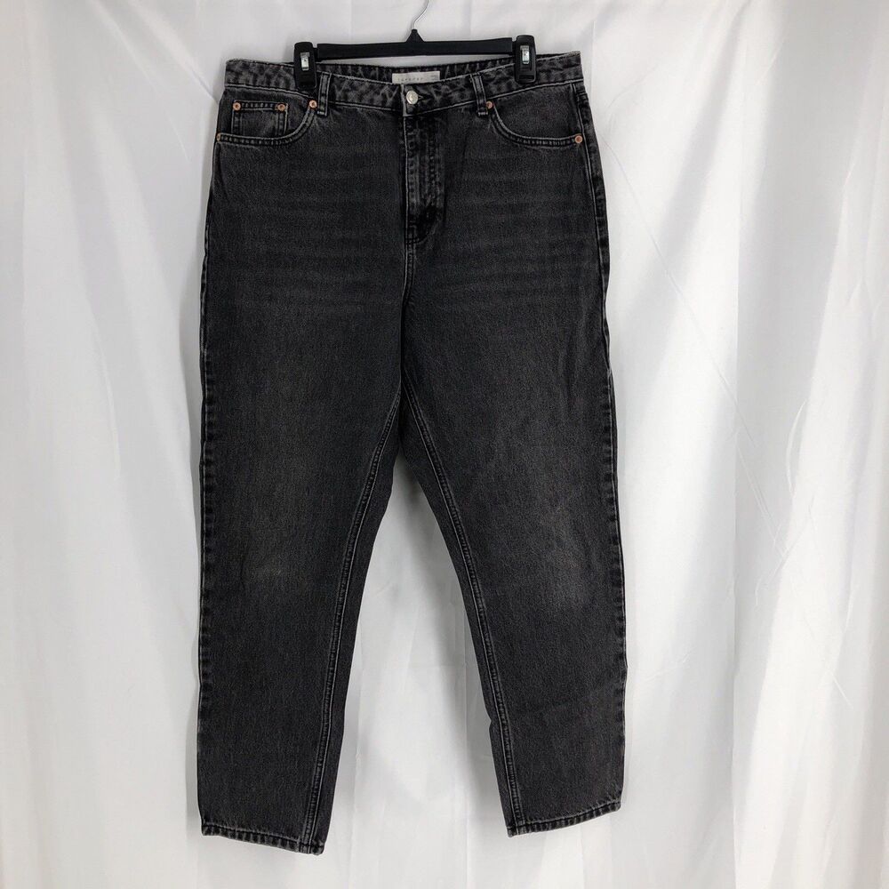 Topshop Womens Straight Leg Jeans Black Stretch Pockets Dark Wash 34/32
